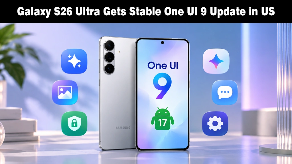 Stable One UI 9 Hits T-Mobile Samsung Galaxy S26 Ultra in the US Galaxy S26 Ultra smartphone showing One UI 9 and Android 17 logos on screen alongside app icons.