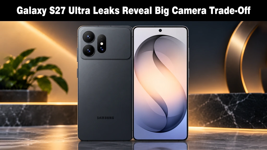 Galaxy S27 Ultra Camera Leaks Reveal a Big Trade-Off Front and back view of a dark grey Samsung smartphone showing its camera island design.