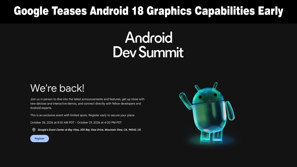 Google Just Teased Android 18 App Graphics Features In Dev Event Translucent green Android mascot figure waving next to Android Dev Summit event registration text.