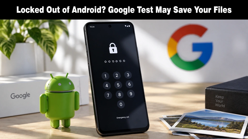 Android’s Next Trick Could Save Your Data From a Forgotten PIN Android smartphone showing a lock screen PIN pad next to a green Android figurine and Google logo.