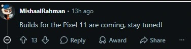 Mishal Raman confirming upcoming build for Pixel 11