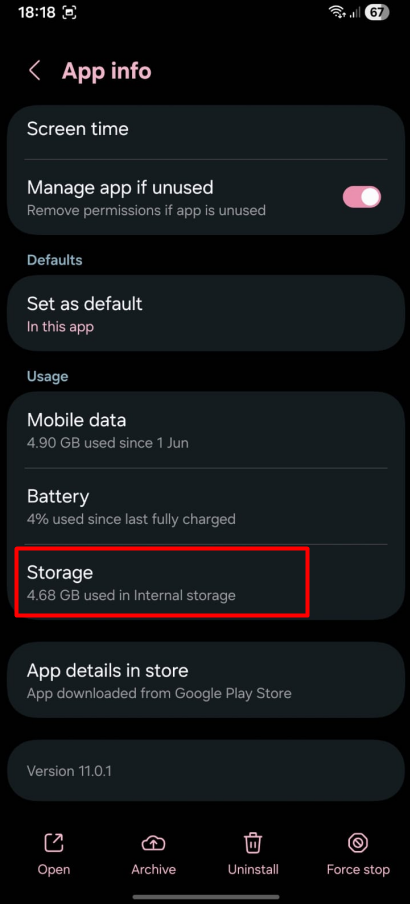 Storage or Storage & cache clearing cache