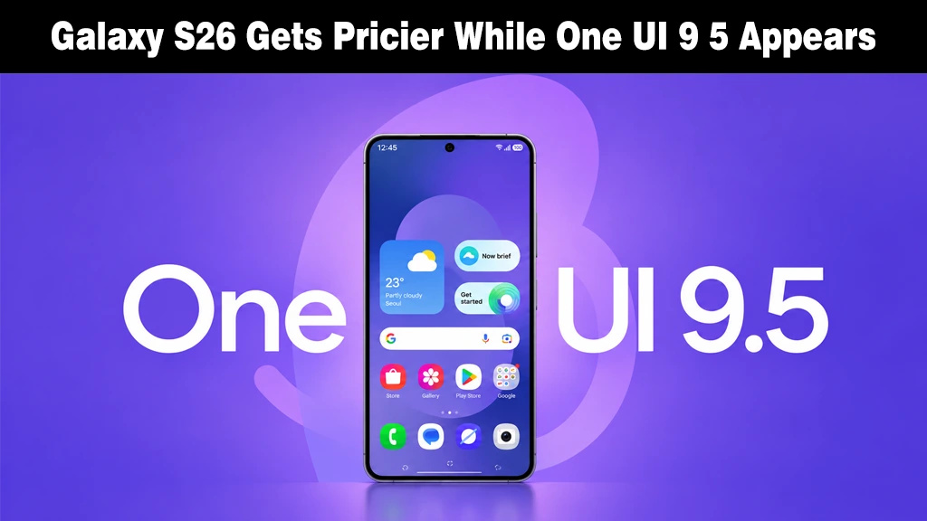 Samsung Hikes Galaxy S26 Prices, With the 1TB Ultra Now $200 More Samsung Galaxy smartphone displaying the home screen in front of a purple One UI 9.5 background.