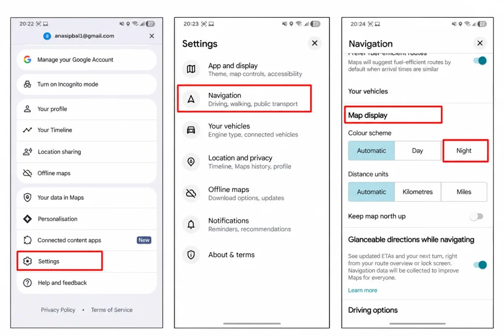 Google Maps Dark Mode in Navigation