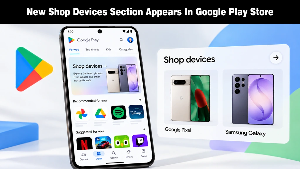 Your Play Store Now Has a Phone Shop Hidden in the Account Menu Android smartphone displaying the Google Play Store app with a Shop Devices section showing Google Pixel and Samsung Galaxy phones.