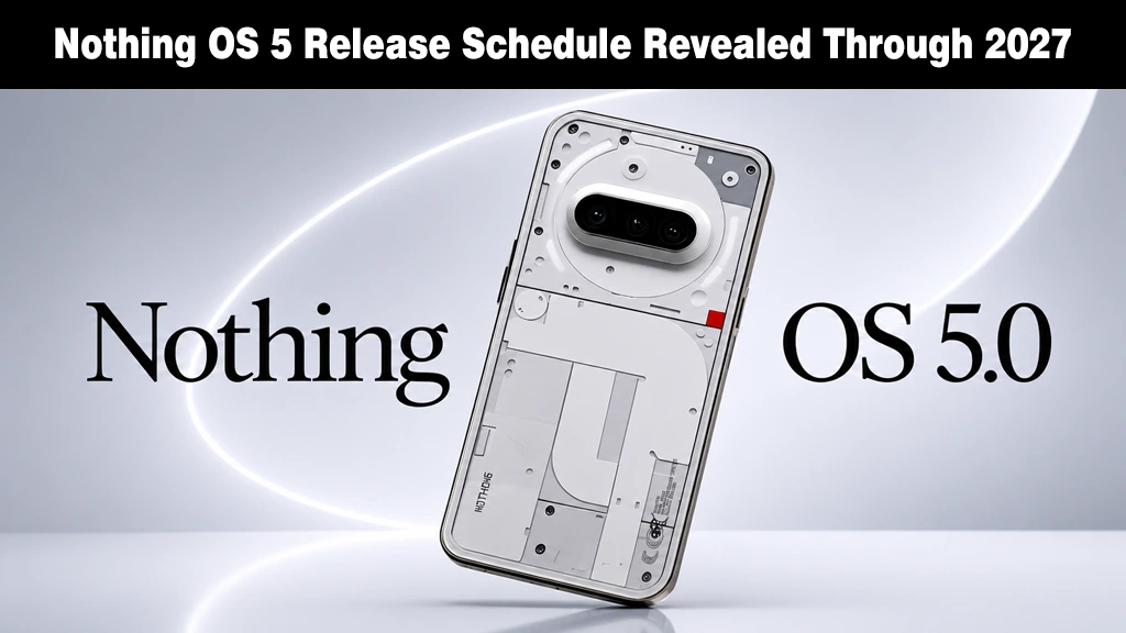 Android 17 Reaches Nothing Phones: Here’s the Date for Yours Rear transparent back view of a Nothing Phone flanked by Nothing OS 5.0 typography.