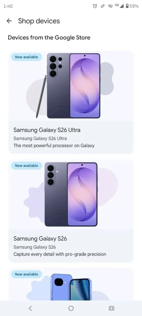Samsung Galaxy S26 on Shop devices section in Google Play
