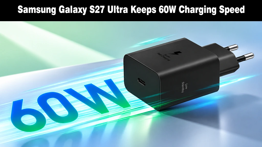 The Galaxy S27 Ultra Could Charge Faster Without Needing a New Charger Black Samsung fast charger adapter placed beside a glowing blue and green 60W text graphic.