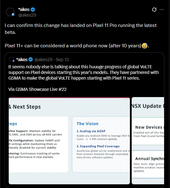 Screenshot of X user confirming VoLTE on Imported Pixel 