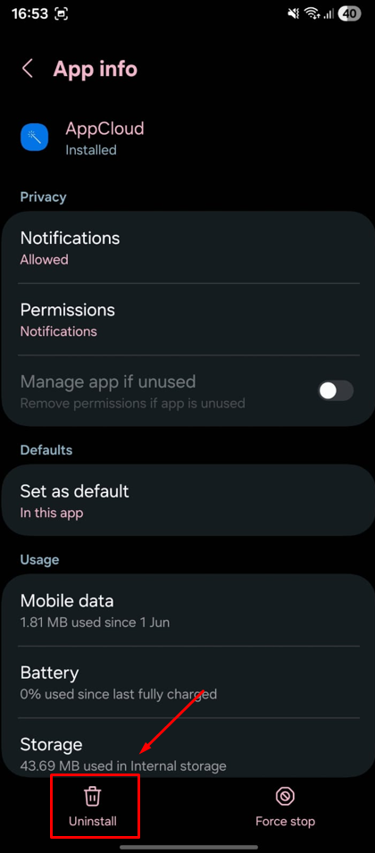 Uninstall and confirm App Cloud