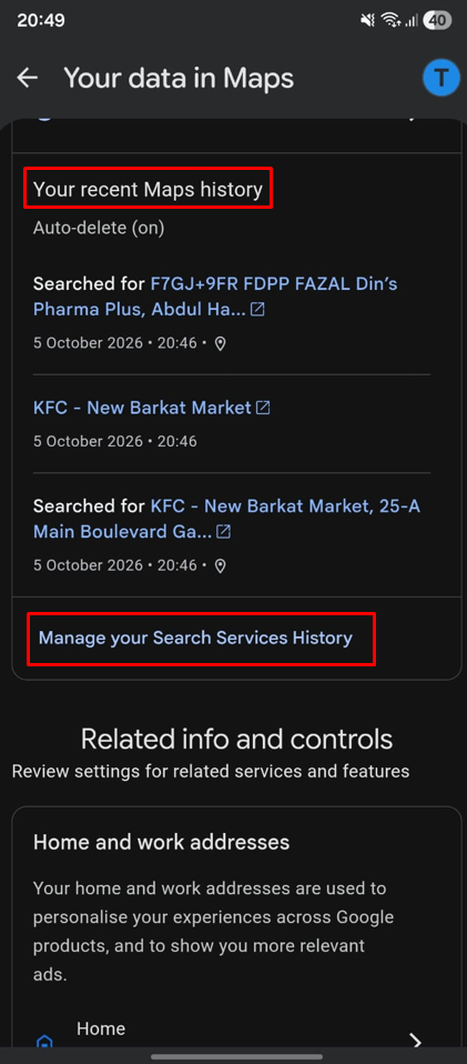 Find Your search services history and tap